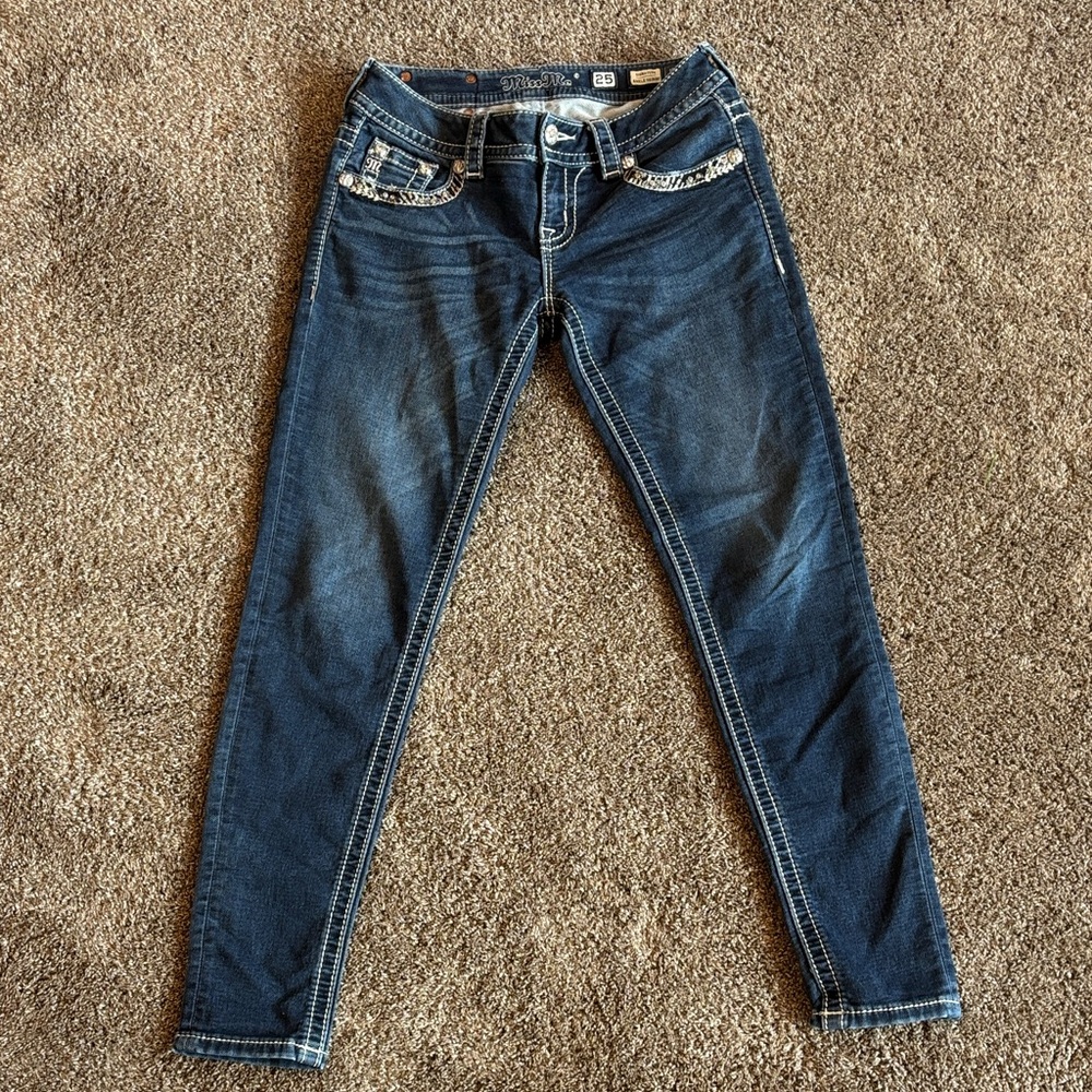Miss Me Dark Blue Skinny Jeans with Embellished Pockets